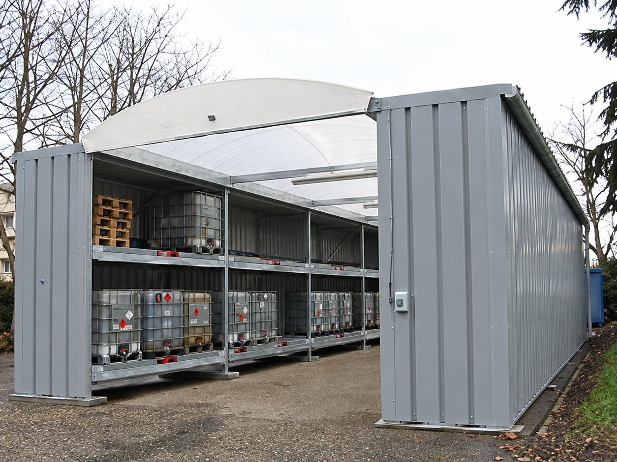 Magasin modulaire sur 2 niveaux avec fûts et conteneurs